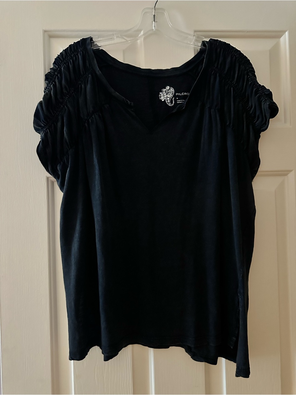 Pilcro Black Short-Sleeve Top with Ruched Shoulders